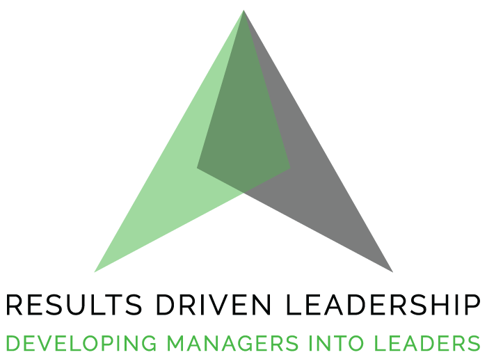 Results Driven Leadership Logo - Green and Gray spearhead triangle