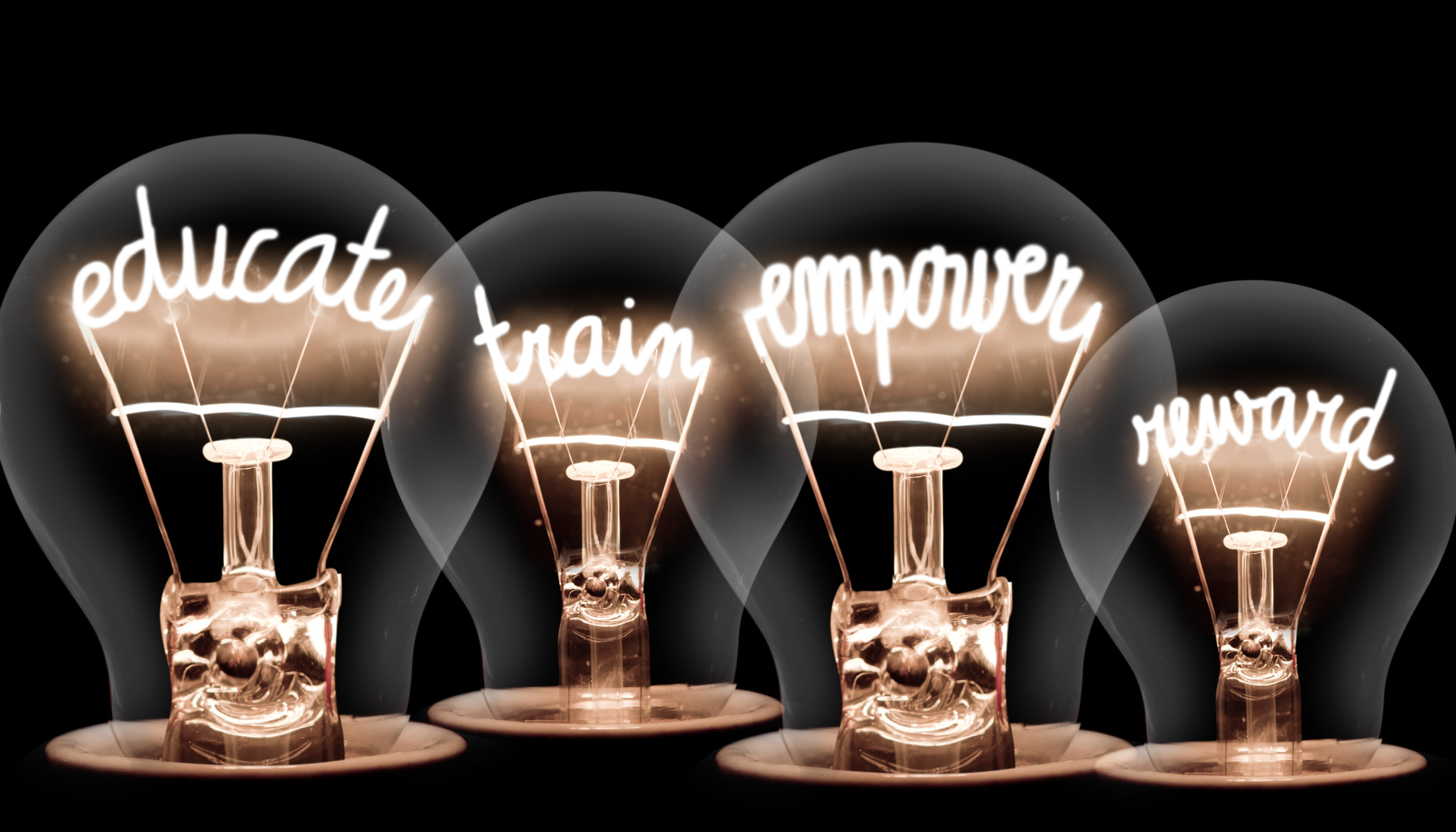 Empowerment concept - Light bults with the words - Educate, Train, Empower and Reward light up within.