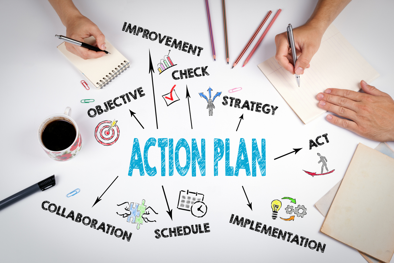 Action plan drawing with words like strategy, objective and improvement.