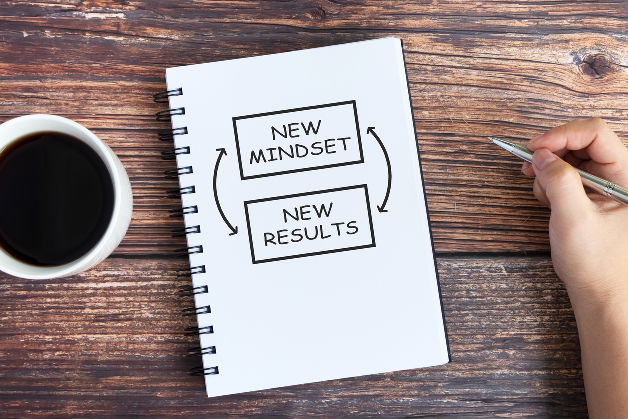 New Mindset New Result text on note pad.