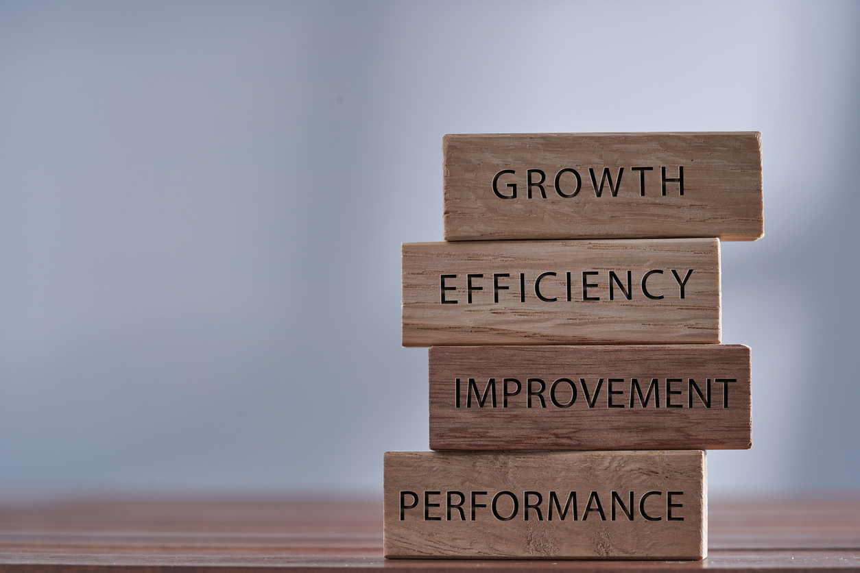 Business management related words growth, efficiency,i mprovement and performance on wooden blocks.