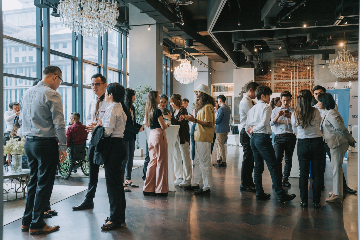 Group of multiracial business participants casual chat.